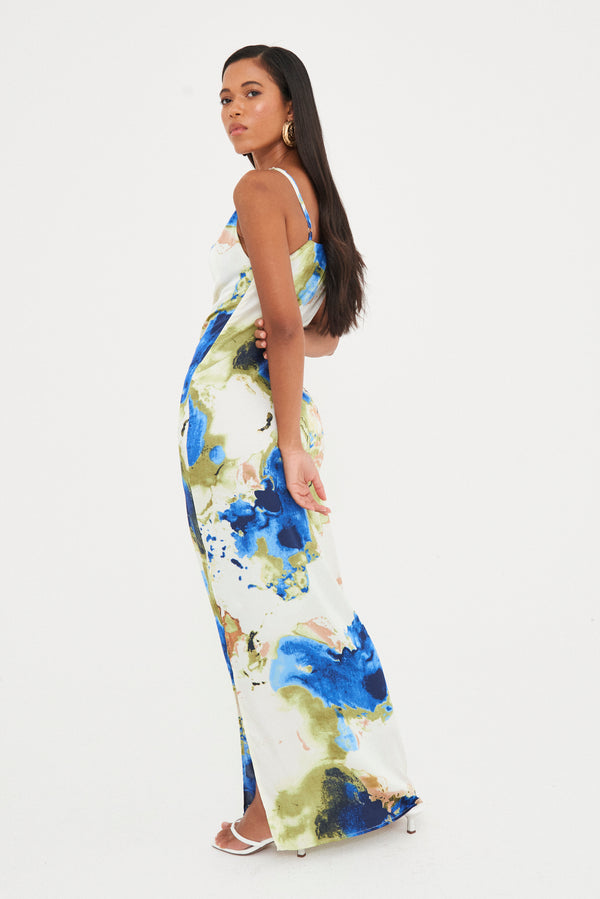 SATIN ABSTRACT MAXI DRESS