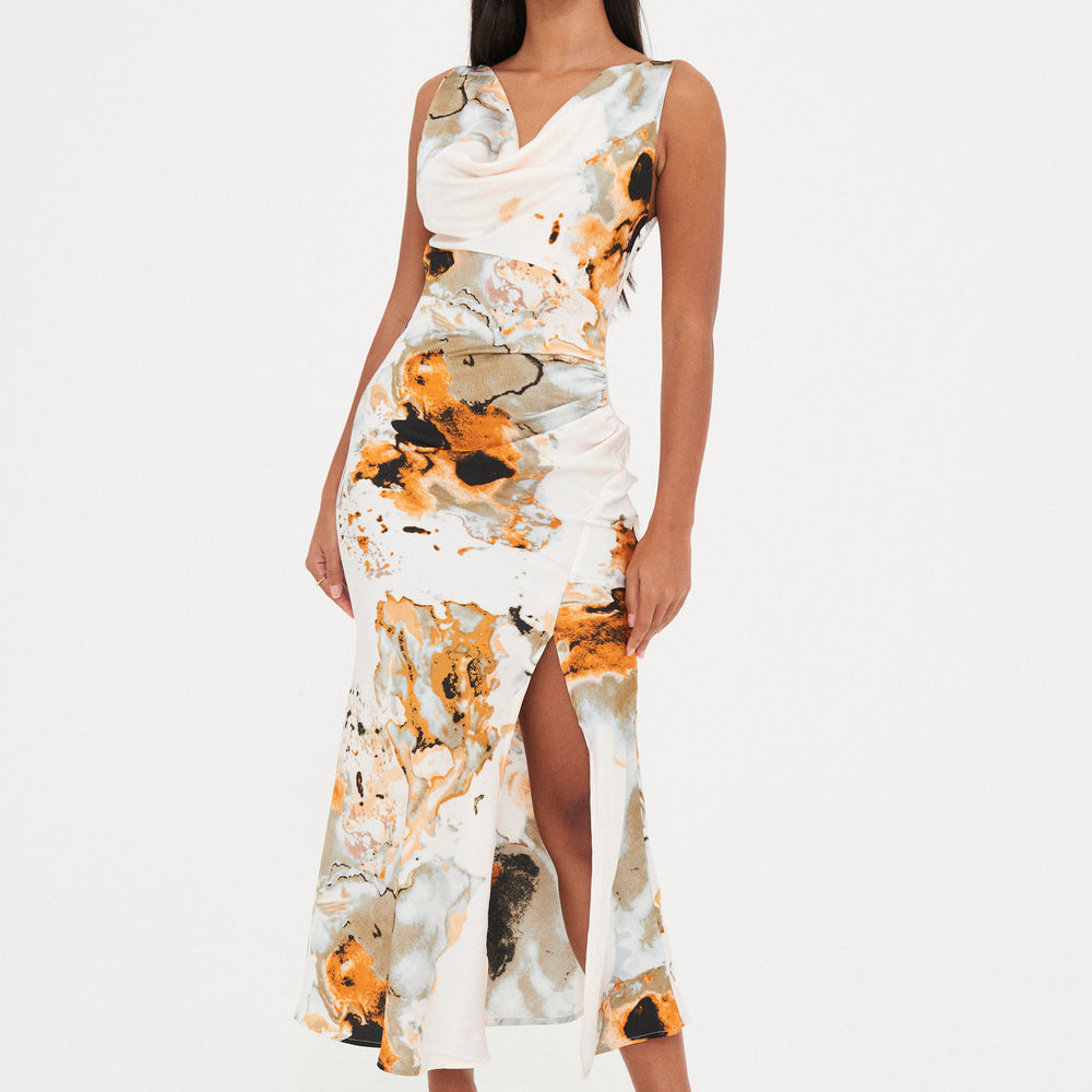 
                      
                        SATIN ABSTRACT COWL MAXI DRESS
                      
                    