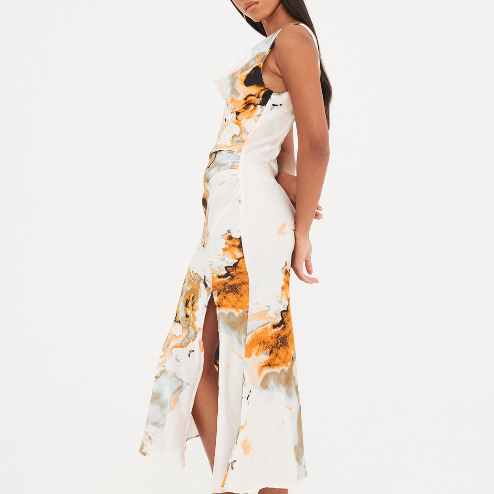 
                      
                        SATIN ABSTRACT COWL MAXI DRESS
                      
                    