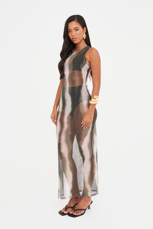 ABSTRACT SHEER MESH MIDAXI DRESS