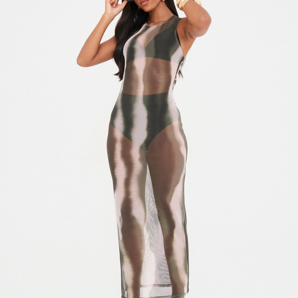 ABSTRACT SHEER MESH MIDAXI DRESS