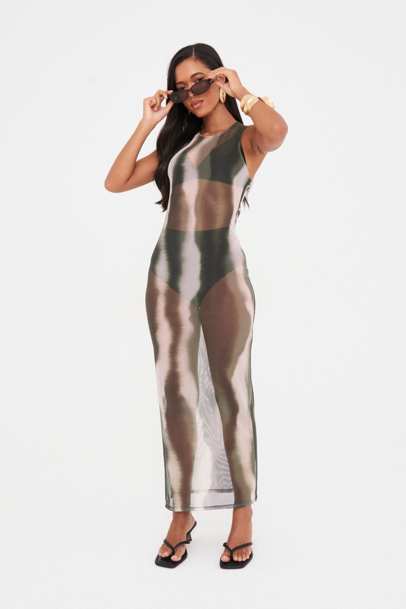 ABSTRACT SHEER MESH MIDAXI DRESS