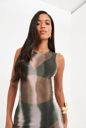 ABSTRACT SHEER MESH MIDAXI DRESS