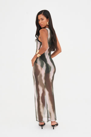 ABSTRACT SHEER MESH MIDAXI DRESS