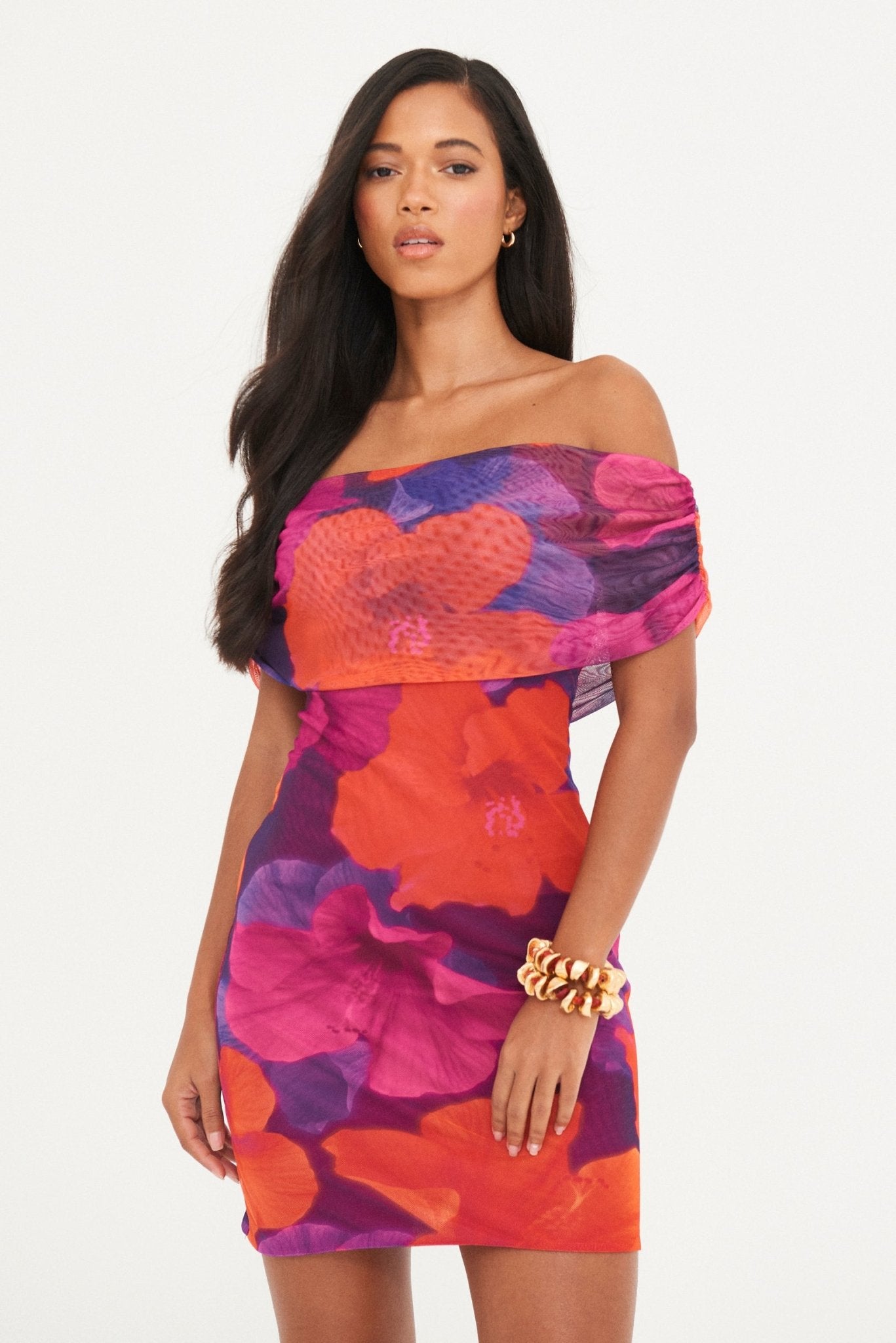 ABSTRACT MESH RUCHED MINI DRESS