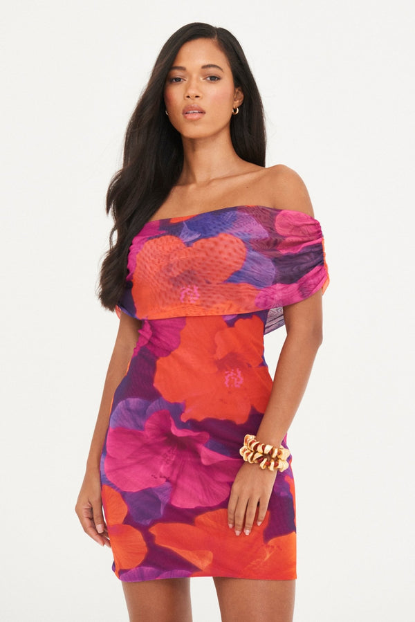 ABSTRACT MESH RUCHED MINI DRESS