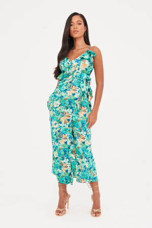 PRINTED RUFFLE CUT OUT MAXI DRESS