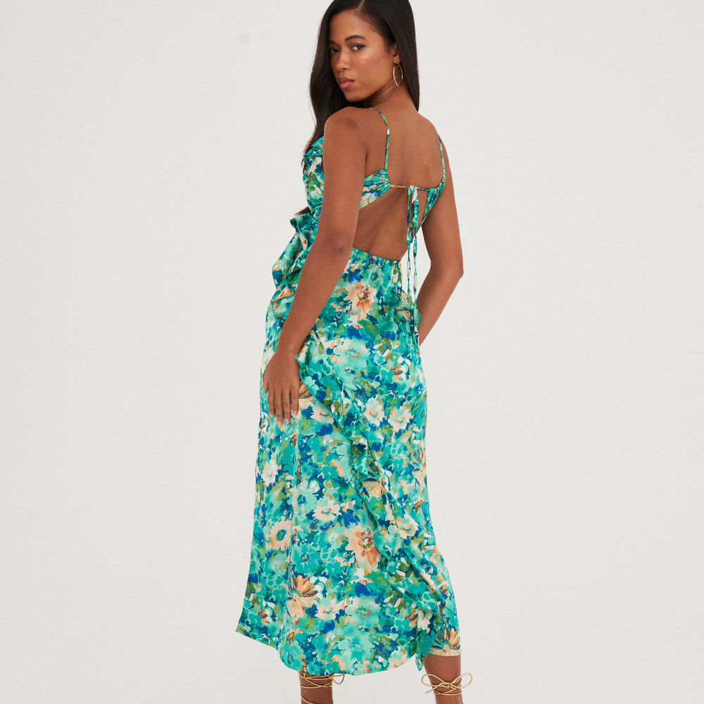 
                      
                        PRINTED RUFFLE CUT OUT MAXI DRESS
                      
                    