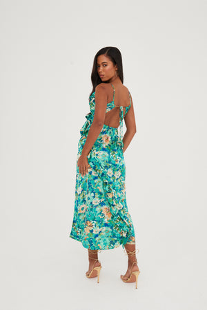 PRINTED RUFFLE CUT OUT MAXI DRESS