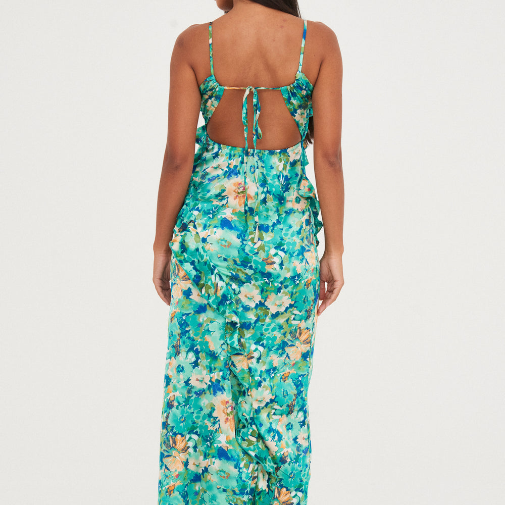 
                      
                        PRINTED RUFFLE CUT OUT MAXI DRESS
                      
                    