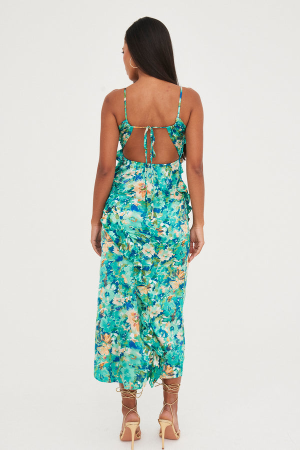 PRINTED RUFFLE CUT OUT MAXI DRESS