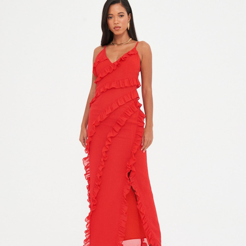 CHIFFON RUFFLE  MAXI DRESS