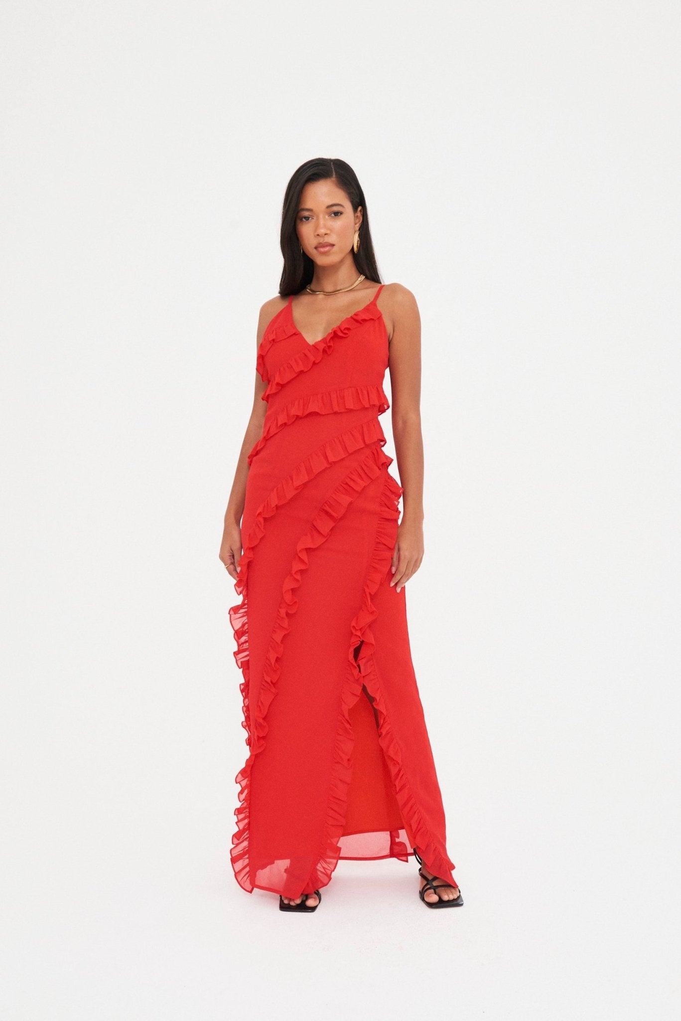 CHIFFON RUFFLE  MAXI DRESS