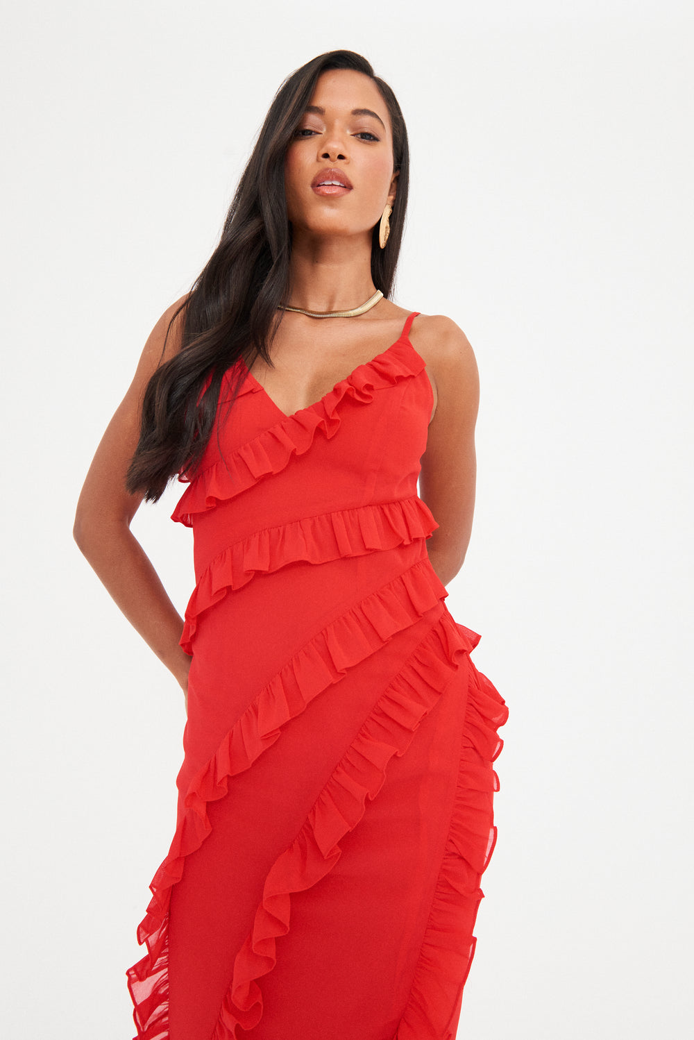 CHIFFON RUFFLE MAXI DRESS