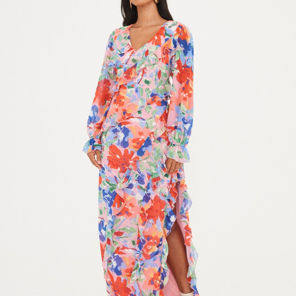 
                      
                        CHIFFON PRINTED RUFFLE  MAXI DRESS
                      
                    