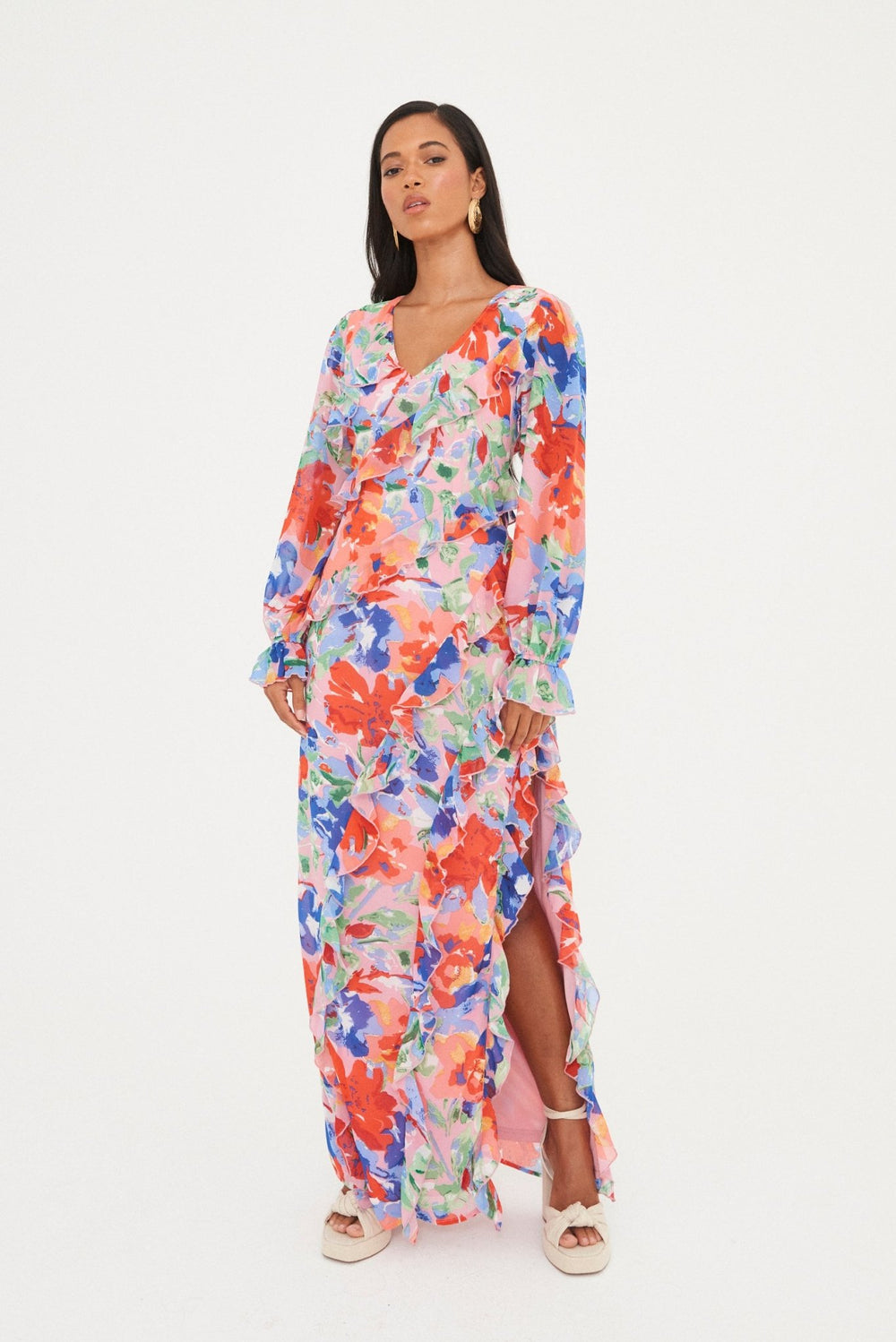 CHIFFON PRINTED RUFFLE  MAXI DRESS