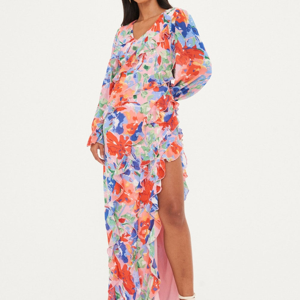 
                      
                        CHIFFON PRINTED RUFFLE  MAXI DRESS
                      
                    