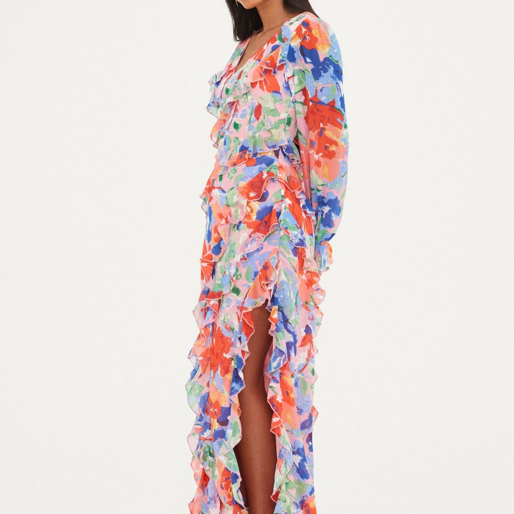 
                      
                        CHIFFON PRINTED RUFFLE  MAXI DRESS
                      
                    