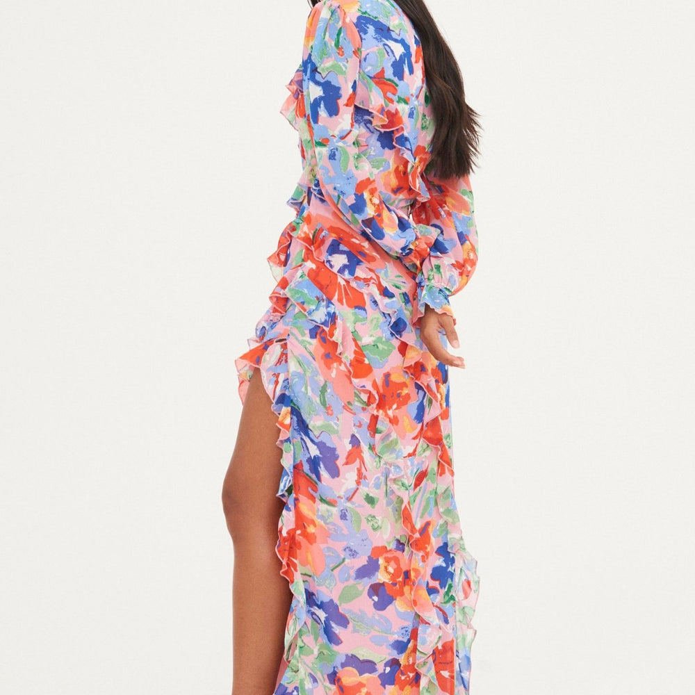 
                      
                        CHIFFON PRINTED RUFFLE  MAXI DRESS
                      
                    