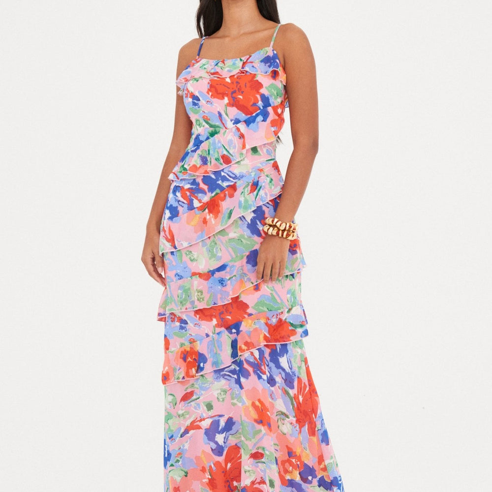 CHIFFON PRINTED RUFFLE MAXI DRESS