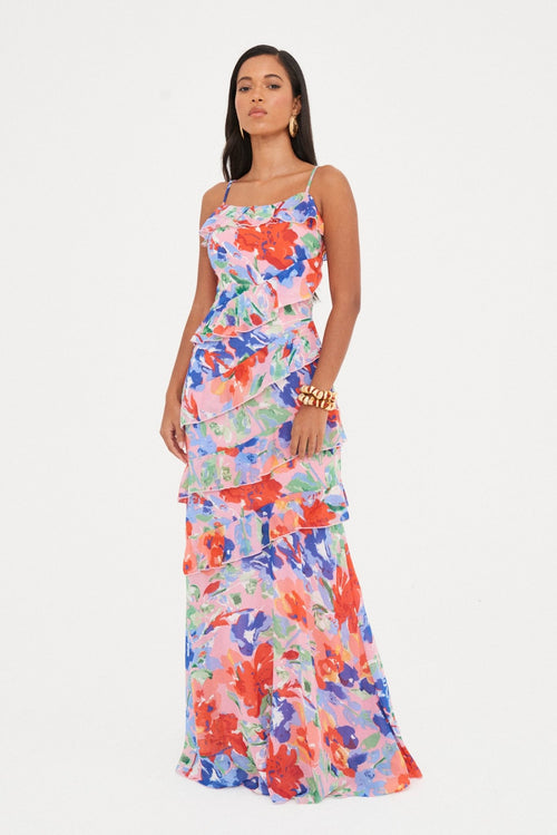 CHIFFON PRINTED RUFFLE MAXI DRESS