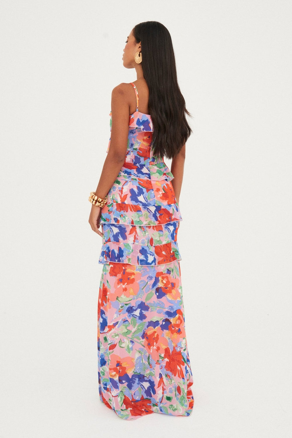 CHIFFON PRINTED RUFFLE MAXI DRESS