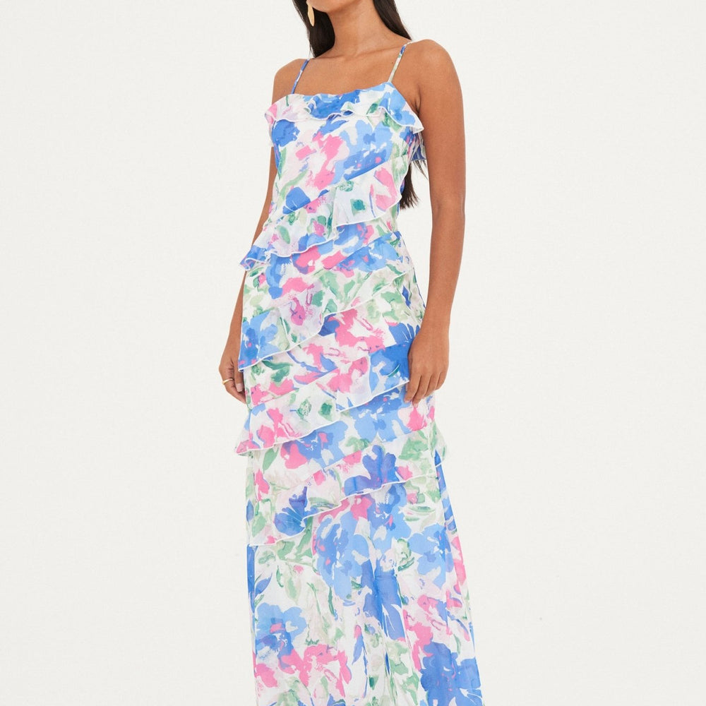 CHIFFON PRINTED RUFFLE MAXI DRESS