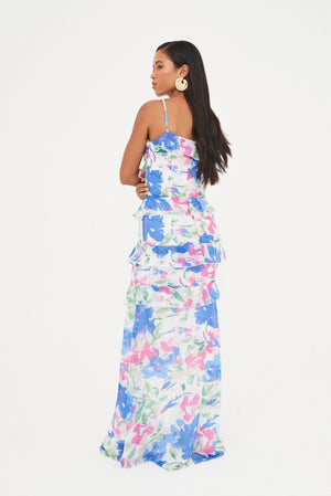 CHIFFON PRINTED RUFFLE MAXI DRESS