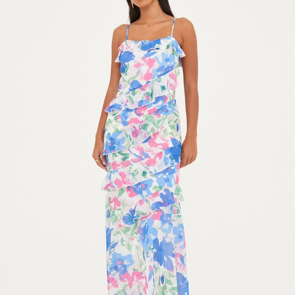 CHIFFON PRINTED RUFFLE MAXI DRESS