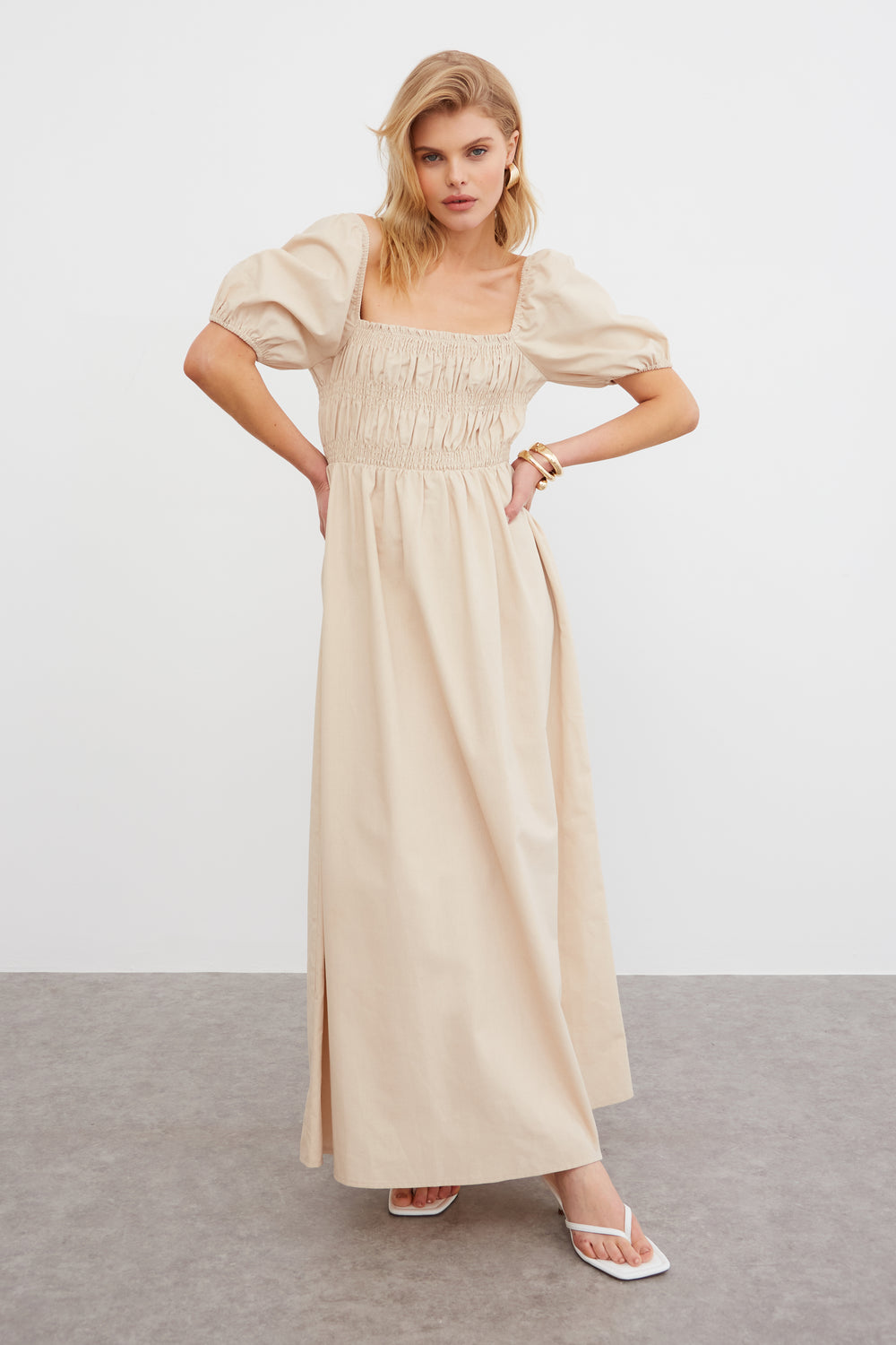 LINEN BLEND SHIRRED MAXI DRESS