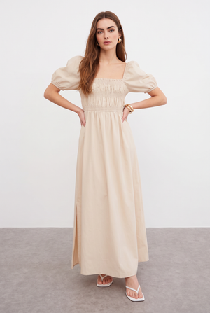 LINEN BLEND SHIRRED MAXI DRESS