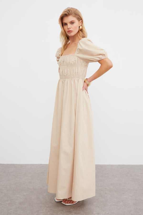 LINEN BLEND SHIRRED MAXI DRESS