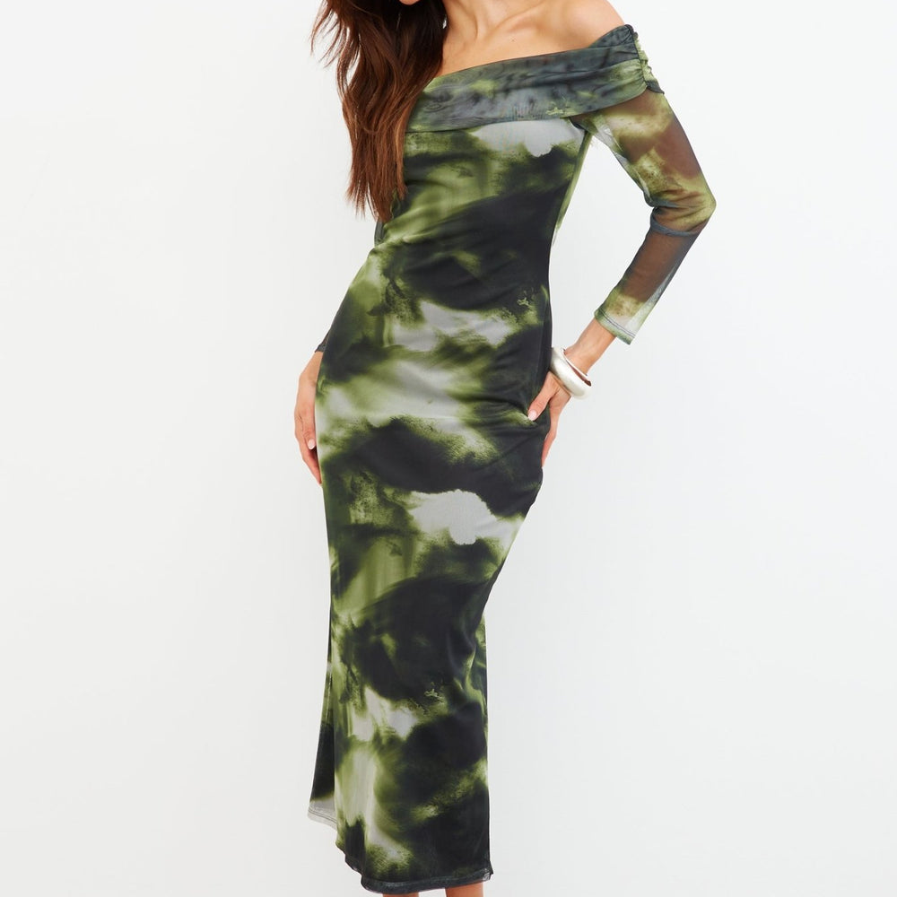 ABSTRACT MESH OFF SHOULDER MAXI DRESS