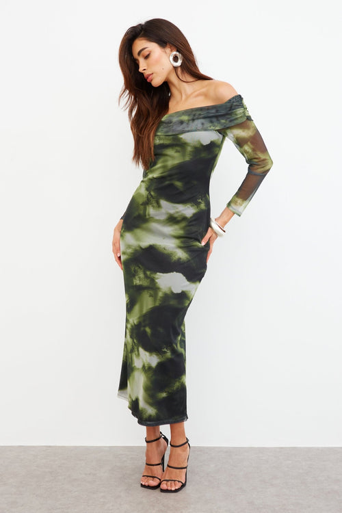 ABSTRACT MESH OFF SHOULDER MAXI DRESS