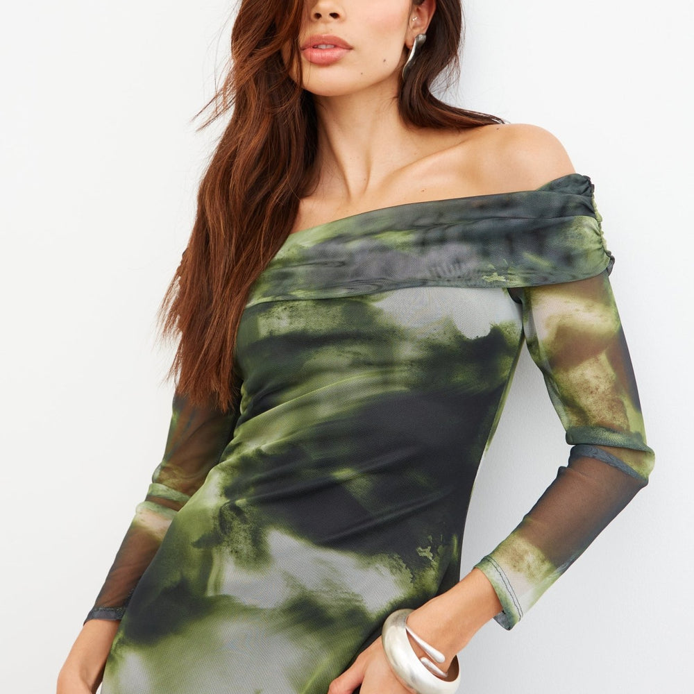 
                      
                        ABSTRACT MESH OFF SHOULDER MAXI DRESS
                      
                    