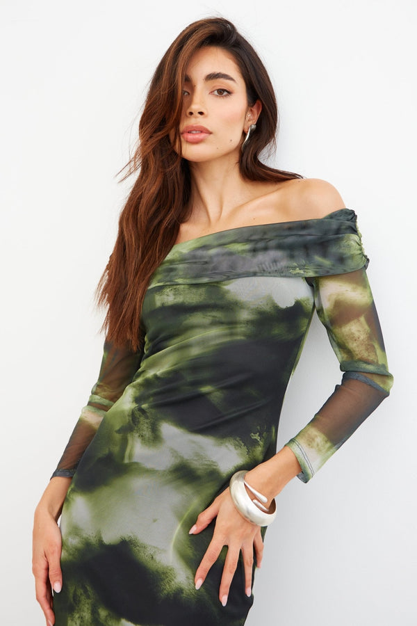 ABSTRACT MESH OFF SHOULDER MAXI DRESS