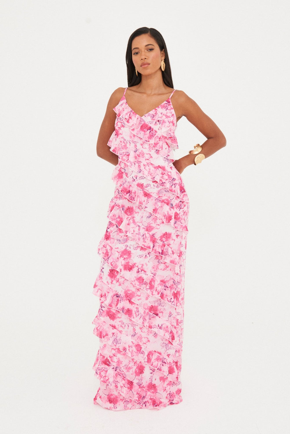 FLORAL CHIFFON RUFFLE MAXI DRESS