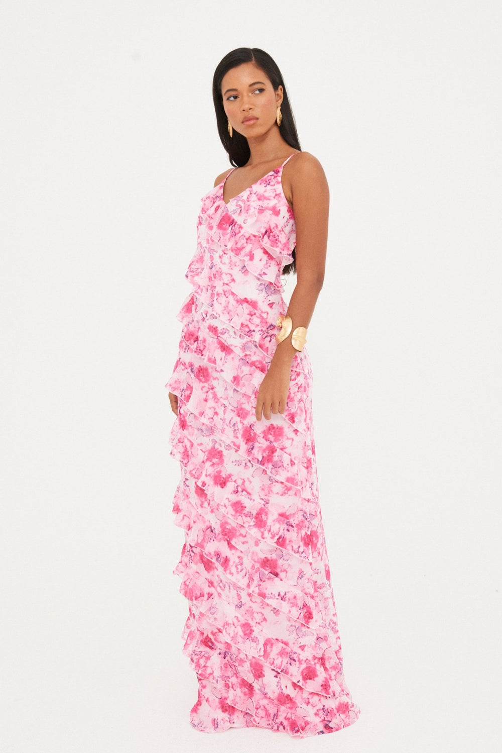 FLORAL CHIFFON RUFFLE MAXI DRESS