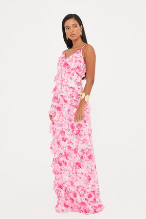 FLORAL CHIFFON RUFFLE MAXI DRESS