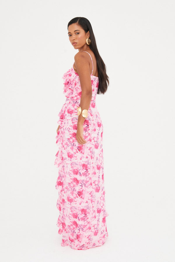 FLORAL CHIFFON RUFFLE MAXI DRESS