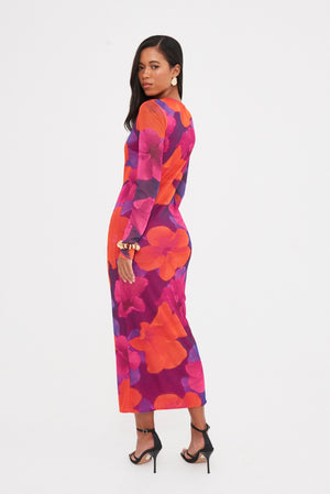 ABSTRACT MESH LONG SLEEVE MIDAXI DRESS