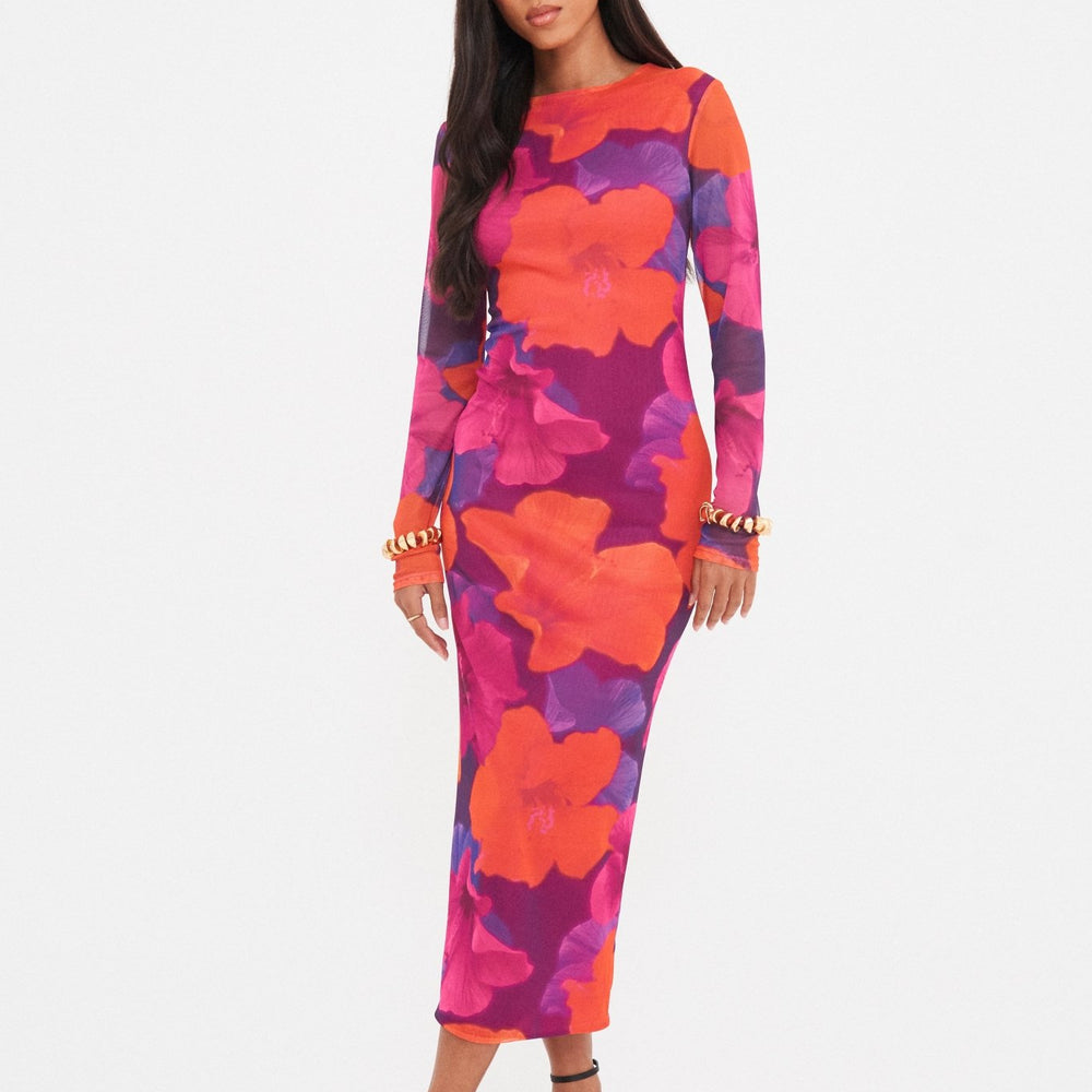 ABSTRACT MESH LONG SLEEVE MIDAXI DRESS