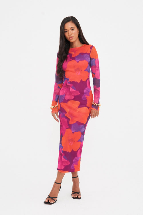 ABSTRACT MESH LONG SLEEVE MIDAXI DRESS