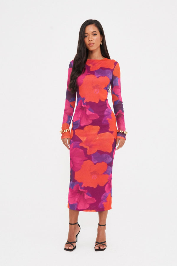 ABSTRACT MESH LONG SLEEVE MIDAXI DRESS