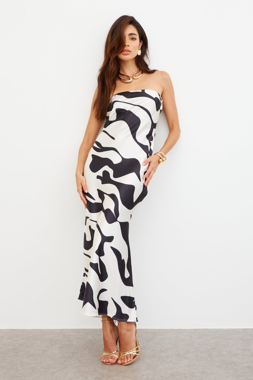 WKND Girl Ivory Abstract Satin Bandeau Maxi Dress