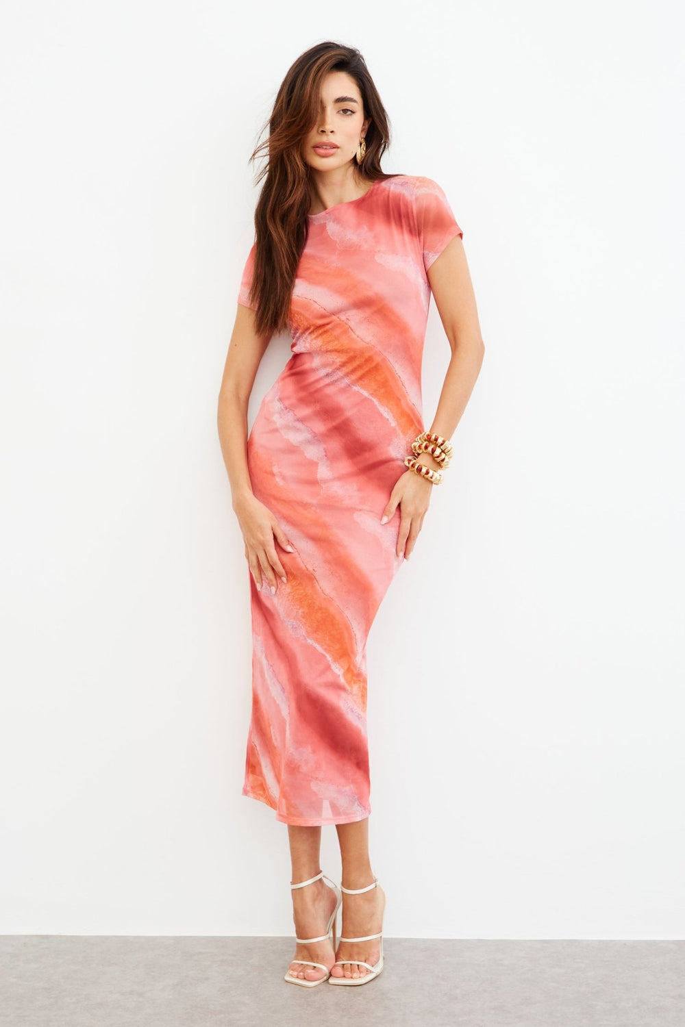 ABSTRACT MESH CAP SLEEVE MIDAXI DRESS