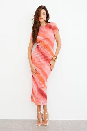 ABSTRACT MESH CAP SLEEVE MIDAXI DRESS