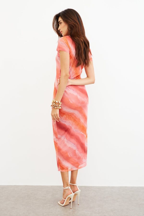 ABSTRACT MESH CAP SLEEVE MIDAXI DRESS