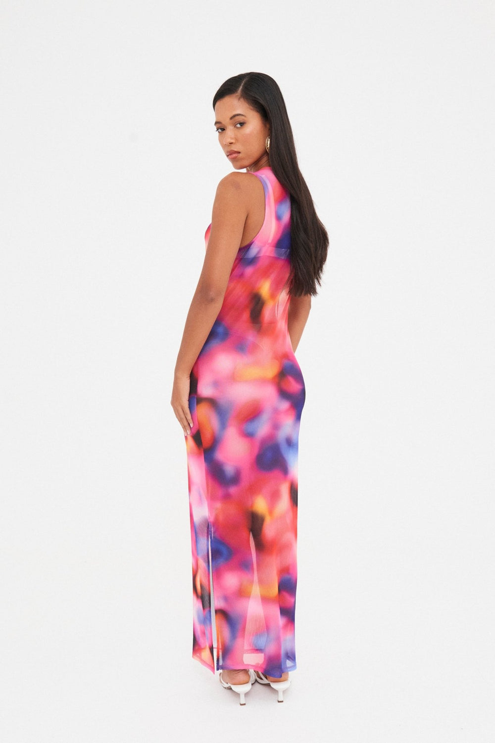 ABSTRACT SHEER MESH MAXI DRESS