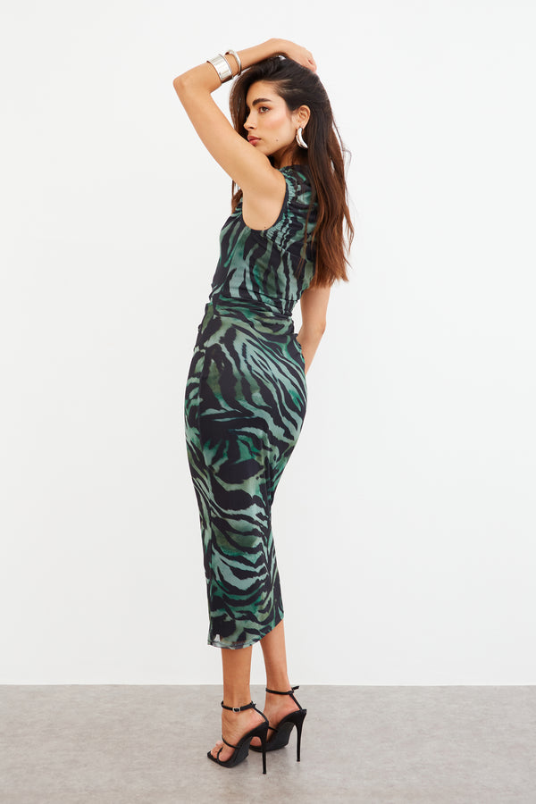 Zebra Mesh Maxi Dress in Green